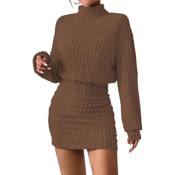 Dresses & Skirts - Women's Brown Lantern Sleeve Turtle Neck Cute Ribbed Knit Pullover Sweater Dress